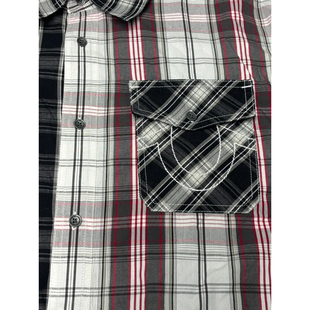 True Religion Mens XL Snap Colorblock Plaid Button Down Shirt White Red Cotton